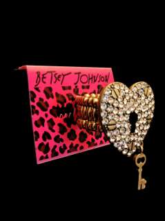 Betsey Johnson Heart Lock & Key Crystal Ring Stretchy  