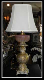 Antique Oriental Brass & Monot & Stumpf Glass Oil Lamp  