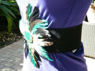 BEBE WAIST BELT bow STRETCH agate stone feather feathers green  