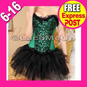Dark GREEN burlesque costume corset blk petticoat TUTU skirt Ladies 6 