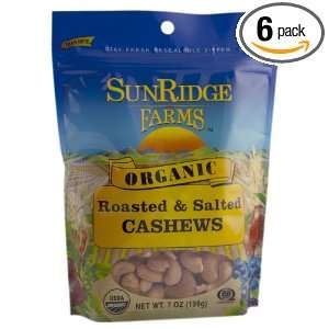 Sunridge Farms Organic Roasted Salted Cashews, 7 Ounce Bags (Pack of 6 