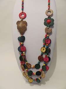 Brand New Long Colorful Wood Tribal Statement Necklace  