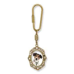    Gold tone and Purple Crystal Oval Jack Russell Key Fob Jewelry