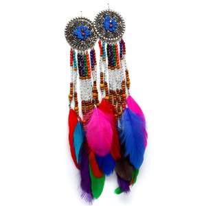 Celebrity Style Long Cherokee Multi color Dangle Oversized Feather 