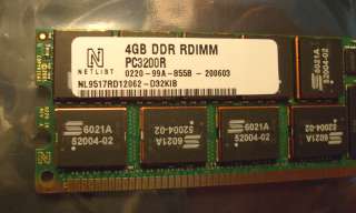 Netlist 4GB DDR RDIMM PC3200R, part numbers NL9517RD12062 D32KIB, 0220 