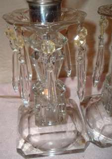 Vintage Pair Tall Hurricane Etched/Cut Glass Lamps w Prisms  