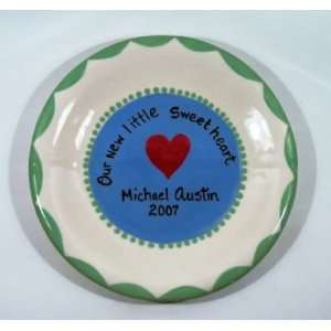 Blue and Green Hand Painted Ceramic Birth Plate