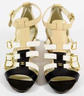 Authentic Chanel Gladiator Black Tan Leather Gold Buckle Sandal Heels 