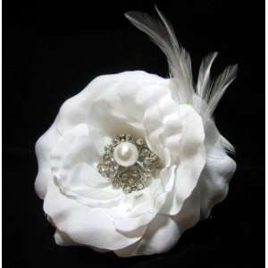 NEW Formal White Wedding Rose Flower Hair Clip with Feathers, Limited.