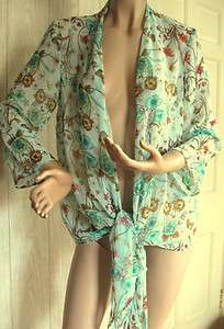 Floral Aqua Chenault Sheer Draped Open Front Blouse L NWT  