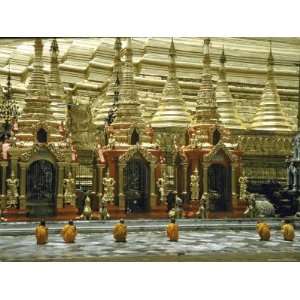  Buddhist Monks Praying at Shwe Dagon Pagoda Stretched 