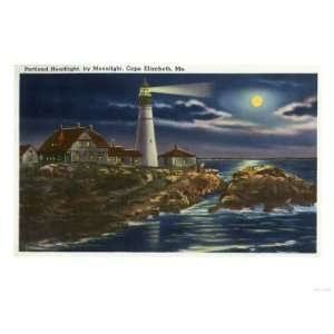 Cape Elizabeth, Maine   Moonlit View of the Portland Head Lighthouse 
