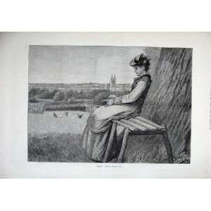   1878 Fine Art Beautiful Young Woman Sitting Tree Book