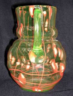 Kralik czech art glass vaseline pitcher w/red + white  
