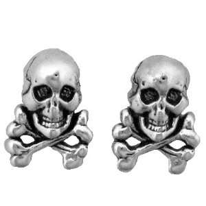   Silver Earrings Posts Studs Tiny Skull and Crossbones Pirate Jewelry