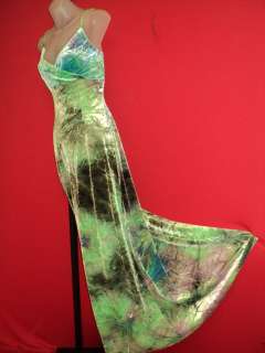 CACHE Vintage Crinkled Velvet Green Rainforest Formal Gown Dress 