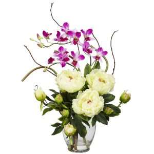  Real Looking Peony & Orchid Silk Flower Arrangement White 
