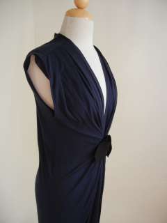 2008 LANVIN Navy Knit Ruched Drape Ribbon DRESS F38 in Cashmere 