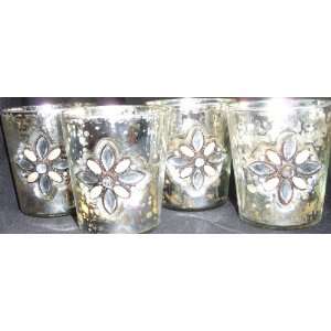  Set of 4 Silver Mercury Glass Votive (Flower Motif)