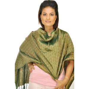   Green Resham Tehra Scarf with Woven Paisleys   Silk 