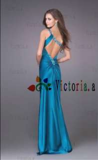 Sexy Blue backless Sweep/Brush Beaded Prom/Evening/ Dresses Gown Size 