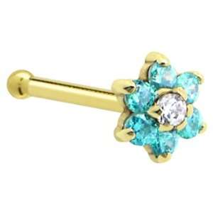 Solid 14KT Yellow Gold Mint Green and Clear Cubic Zirconia Flower Nose 