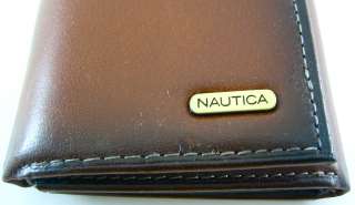 Nautica Mystic Mens Tan Polished Crunch Leather Trifold Wallet w/ID 