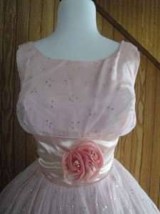 Vintage 50s Pink chiffon Party Dress S Wedding Prom Silver Full Skirt 