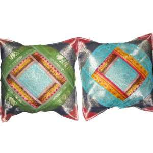 Dark Pink Blue Zari Borders Cushion Covers Vintage Silk Sari Brocade 