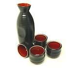 Black & Red Porcelain Sake Set Bottle Cups X45 1470R J3344