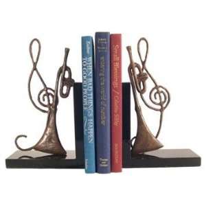  Set of Wood Bookends with Bronze Trumpet