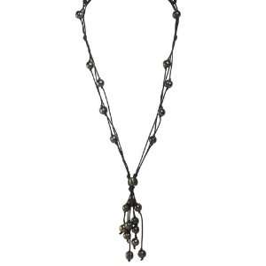 Black Waxed Cotton Cord Triple Strand Black Freshwater Pearl Necklace 