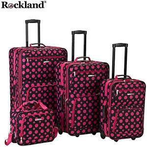 Rockland Black w PINK DOTs 4 pc Luggage set Rolling NEW  
