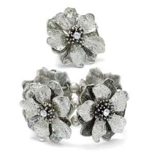    Silvertone Clear Crystal Flower Bracelet and Ring Set Jewelry