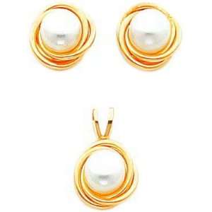  14K Gold Cultured Pearl Stud Earrings & Necklace Set 