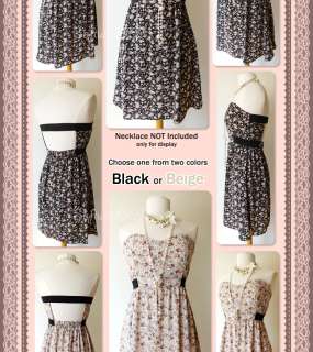   or Beige Vintage Inspire Ditsy Floral Print PEASANT Strapless Dress