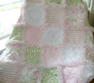 Baby Girl Rag quilt Pink green shabby roses  