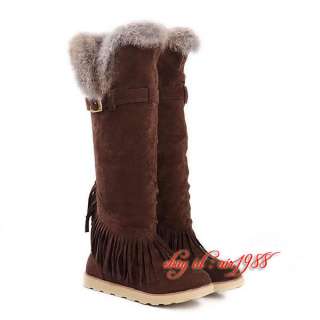 New Rabbit Fur Suede Fringes Winter Snow Over The Knee Flats Womens 