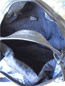 FURLA Elisabeth M Black Leather Ostrich Embossed Handbag Hobo Tote bag 
