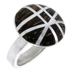 Sterling Silver Gashed Round Ring, w/ Ancient Wood Inlay, 13/16 (21mm 