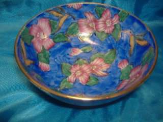   DECORATIVE BOWL PINK FLOWER Floral on Blue Purple w/Gold NICE GIFT