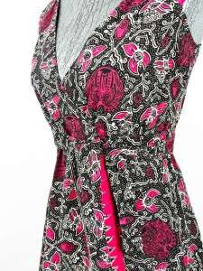vtg 40s womens black magenta floral WRAP DRESS sleeveless lightweight 