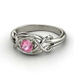  Infinity Knot Ring, Round Pink Tourmaline 14K White Gold 