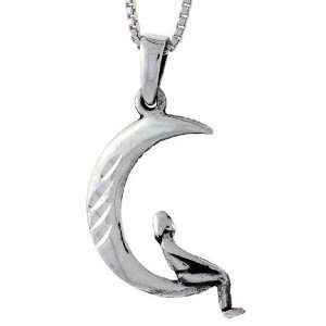925 Sterling Silver Moon and Lady Pendant (w/ 18 Silver Chain), 1 1/8 