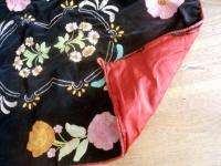 ANTIQUE FRENCH VELVET TABLECLOTH FLOWERS EMBROIDERY  