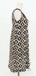   Navy, Brown & White Ikat Pleated Silk Sleeveless Dress Size 10  