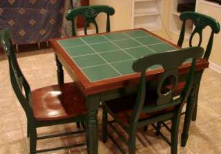  Table & 4 Chairs in Oak with Green Ceramic Tile Kitchen Dining GREAT