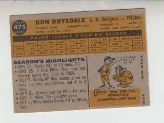 DON DRYSDALE #475 L. A. Dodgers Pitchers 1960 Topps Nm  