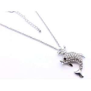  Dolphin Sea Animal Dolphin w/ Crown Crystal Studs Necklace 