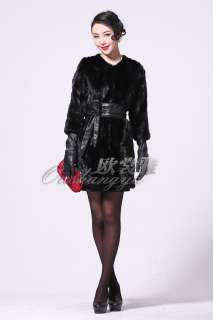 TOP new womens black genuine real mink fur long warm coat jacket all 